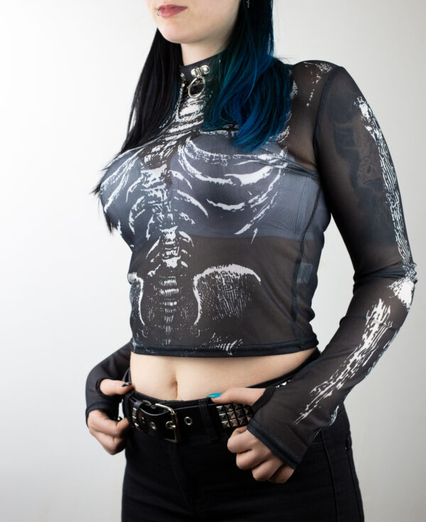 Phantom Veil Mesh Top – Transparentna gotik majica sa skelet printom - Image 2
